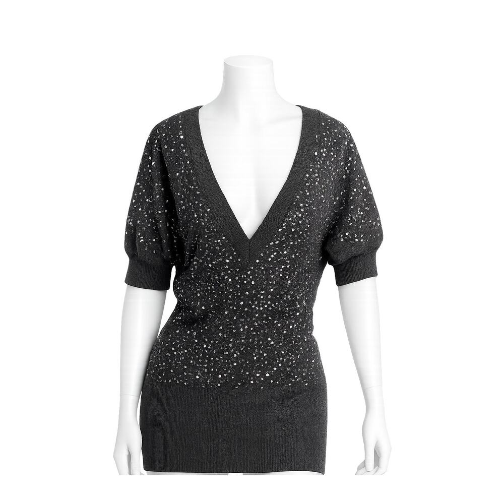 BCBGMAXAZRIA Sequin Short Sleeve Sweater – Charcoal Gray – Size M